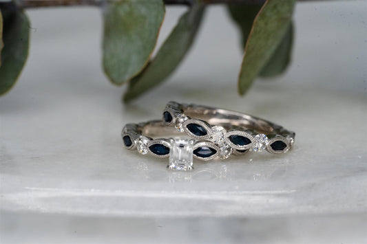 14K White Gold and Blue Sapphire Ring Set