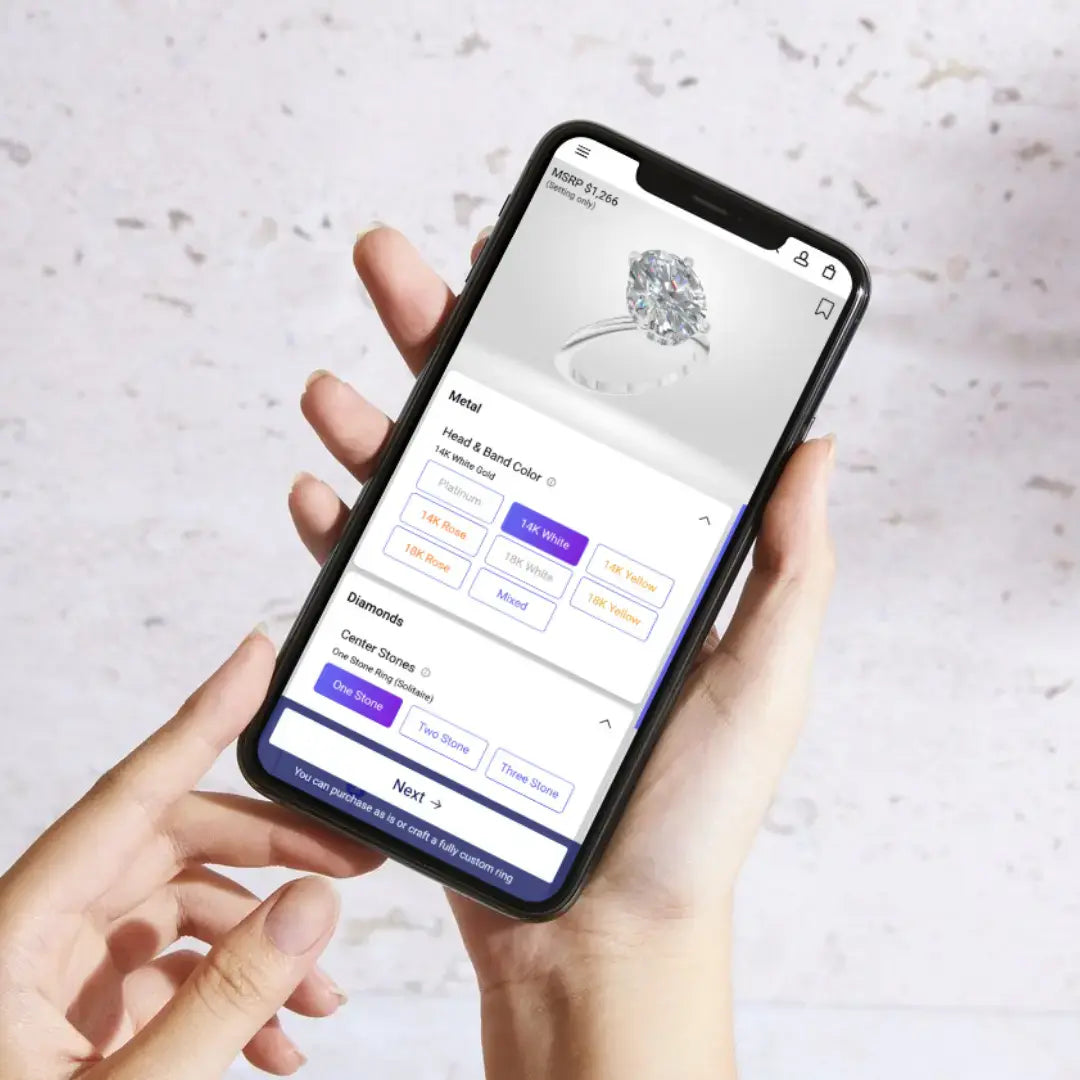 Designing an engagement ring in the 3D ring designer on a phone