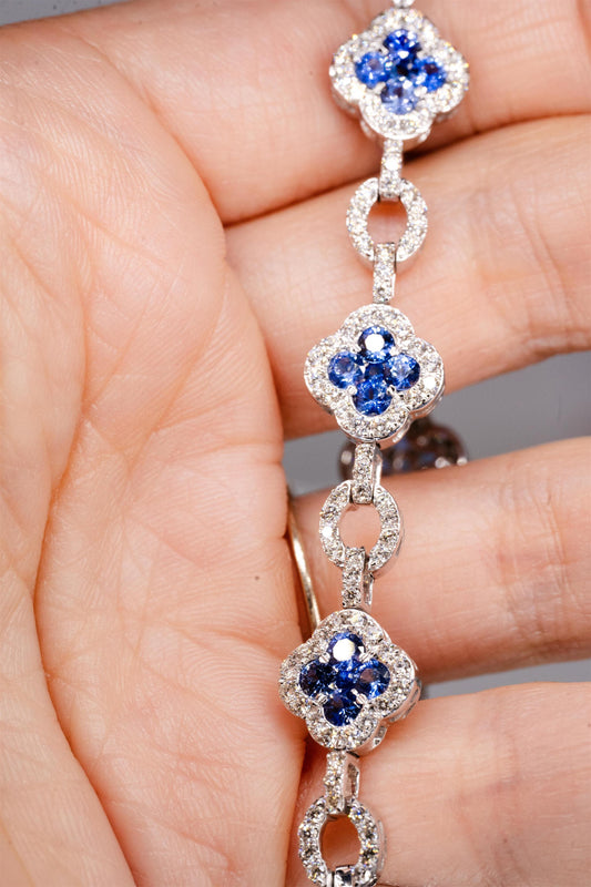 14K White Gold Diamond and Blue Sapphire Clover Bracelet