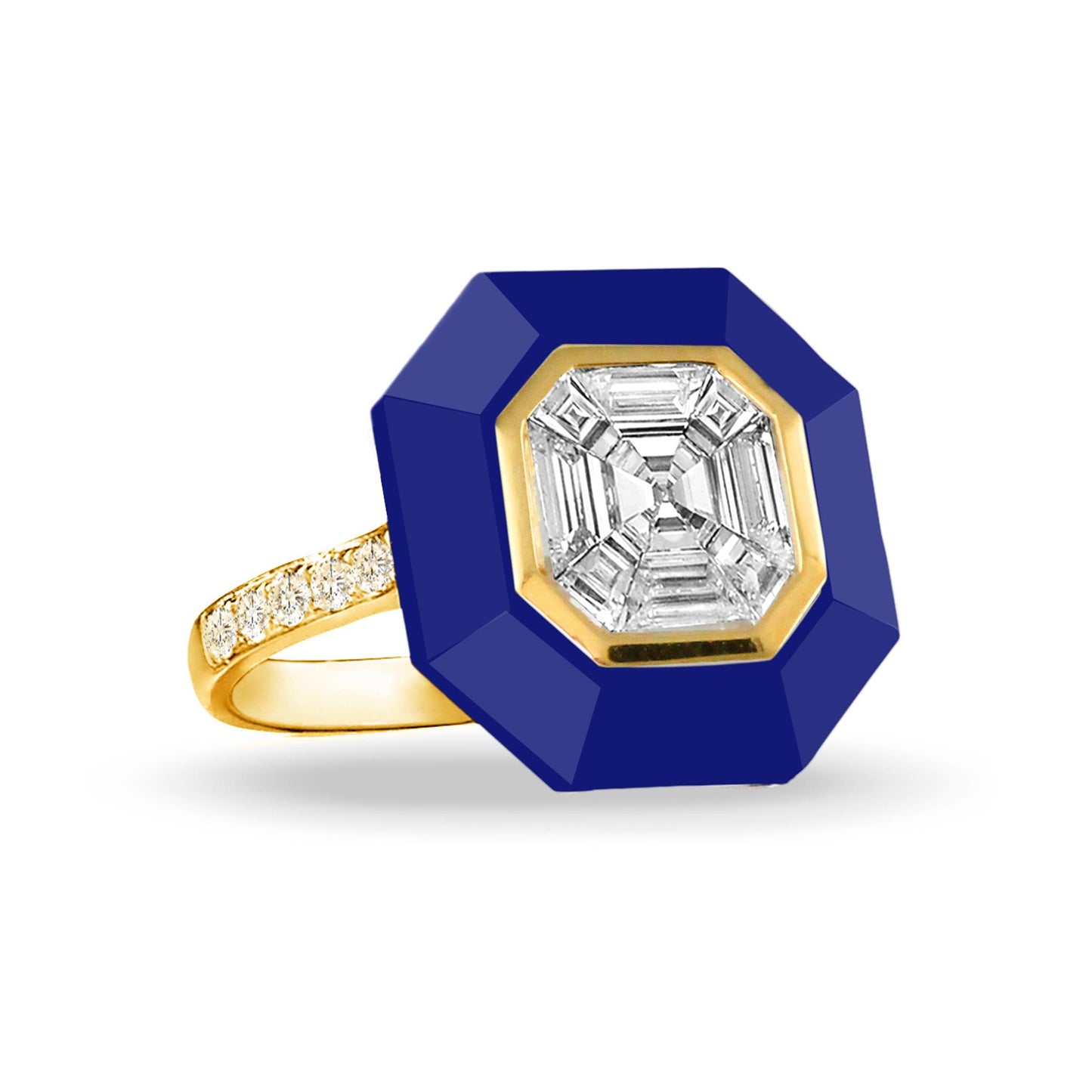 18K Yellow Gold Invisible Diamond Ring with a Halo of Blue Lapiz