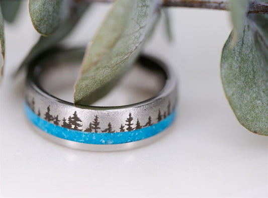Serinium and Blue Opal Tree Line Engraved Ring