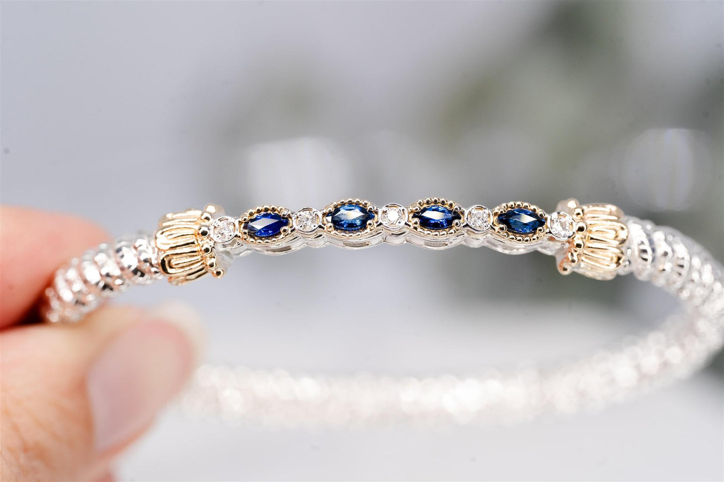 14K Yellow Gold and Sterling Silver Bracelet with Blue Sapphires and White Diamonds