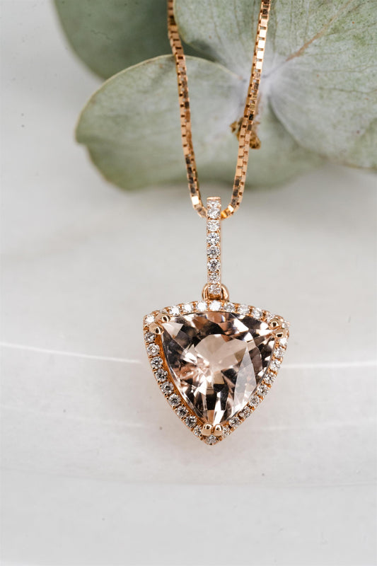 14K Rose Gold Trillion Shaped Morganite and 0.19tdw Diamond Necklace
