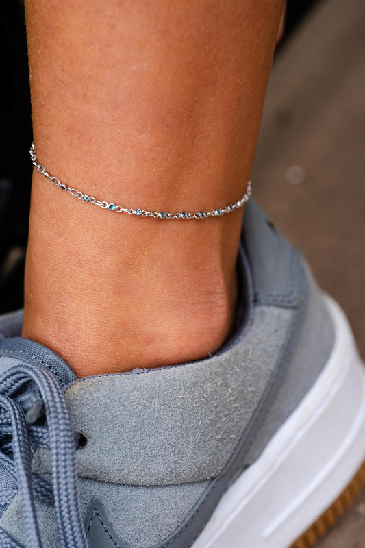 18K White Gold Blue Sapphire and Diamond Anklet