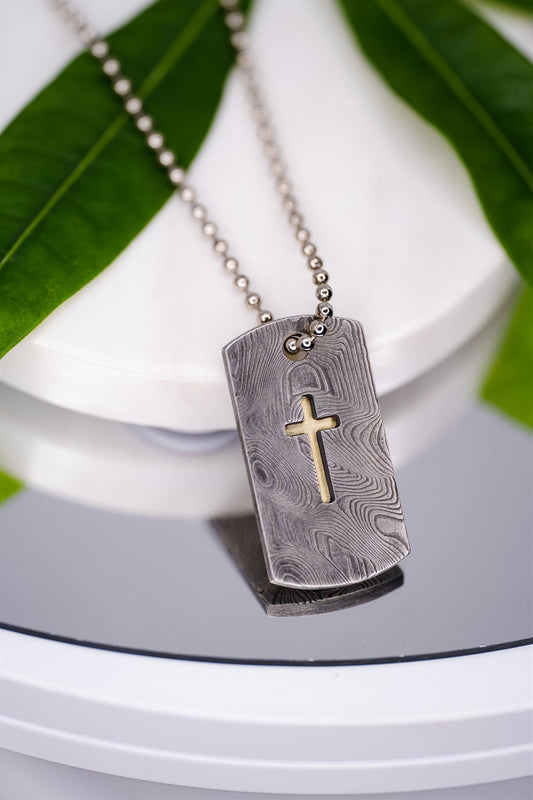 Chris Ploof Damascus Steel Dogtag With 18K YG Cross Inlay, 22" Necklace