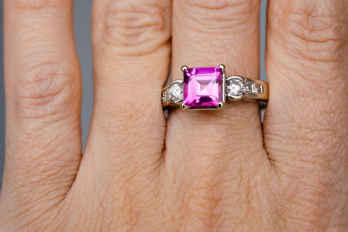 14K White Gold Synthetic Pink Sapphire Ring